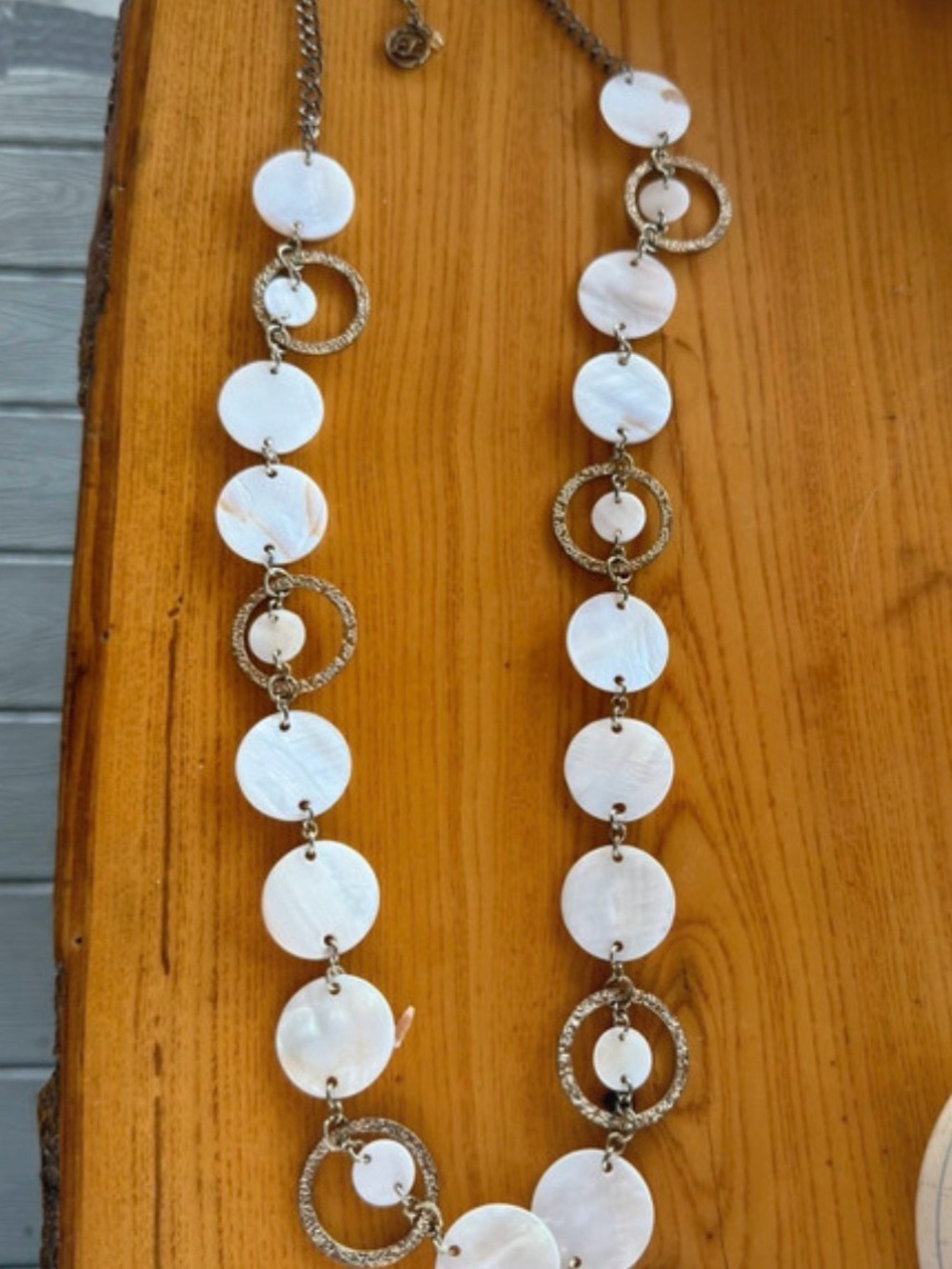 White Shell Disc Necklace with Textured Gold Rings - Women Jewelry